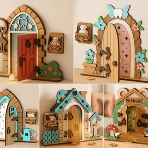 Puede incluir: Una colección de cinco puertas decorativas de madera en miniatura con varios diseños, incluyendo una puerta roja, un arco floral, una entrada con motivo dental, una casa de techo azul y una puerta de Mr. Mouse, con accesorios.