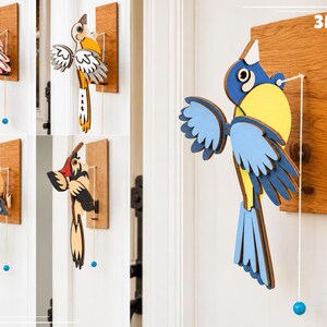 Kinetic Bird Doorbell Laser Cut File - Wooden Pull String Door Chime - Interactive Bird Wall Decor - Parrot Doorbell svg