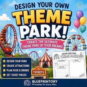 Könnte beinhalten: Ein druckbares Aktivitätsblatt mit dem Titel Design Your Own Theme Park, das eine bunte Illustration einer Achterbahn, eines Riesenrads, eines Zirkuszeltes und eines Ticketstandes zeigt. Das Blatt enthält Bereiche für Parkname, Attraktionen und Essen.