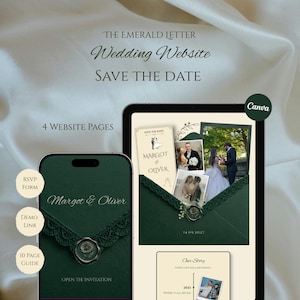 May include: A digital wedding website template featuring a dark green envelope design with a lace trim and wax seal. The screen displays the text THE EMERALD LETTER, Wedding Website, SAVE THE DATE, Margot & Oliver, and 4 WEBSITE PAGES.