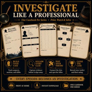 May include: A detective casebook set featuring five printable pages with headings: Welcome Detective, Character Profile, Clue Tracker, Theory Board, and Case Closed. The design uses a vintage aesthetic with gold text on a dark background.