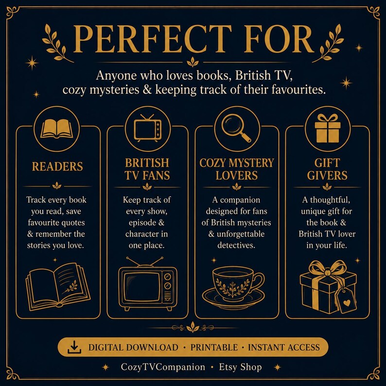 May include: A dark blue informational graphic with gold text and icons. It lists features for readers, British TV fans, cozy mystery lovers, and gift givers. Includes illustrations of a book, television, magnifying glass, teacup, and gift box.
