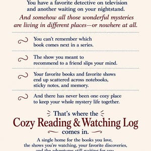 May include: A printable Cozy Reading & Watching Log journal page with dark blue and red text on a cream background. The text describes a system for organizing books and television shows, featuring decorative flourishes and heart icons throughout.