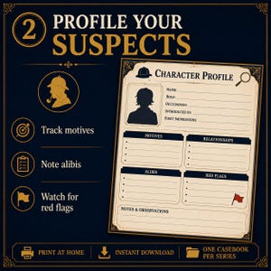 May include: A dark blue digital character profile sheet for mystery games. It features a detective icon, the text 2 PROFILE YOUR SUSPECTS, and a form with fields for name, role, occupation, motives, relationships, alibis, red flags, and notes.