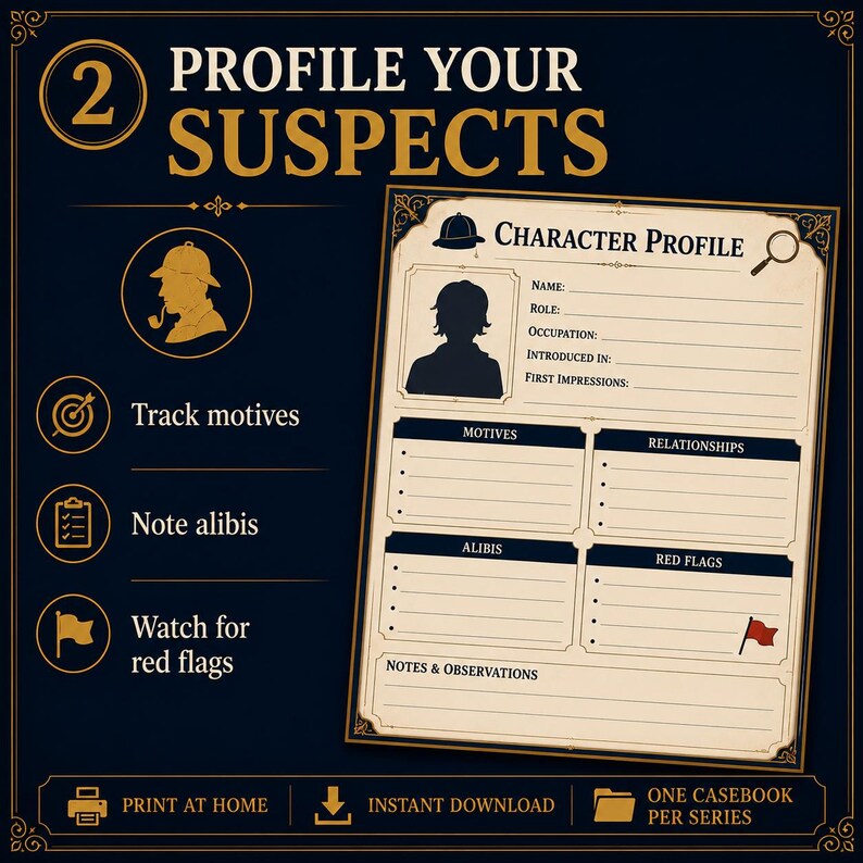 May include: A dark blue digital character profile sheet for mystery games. It features a detective icon, the text 2 PROFILE YOUR SUSPECTS, and a form with fields for name, role, occupation, motives, relationships, alibis, red flags, and notes.
