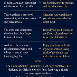 May include: A navy blue informational graphic with gold text titled Sound familiar? It lists common challenges for mystery fans, such as tracking suspects and organising watchlists, and introduces The Cozy Mystery Casebook, a 20-page printable PDF available in A4 size.