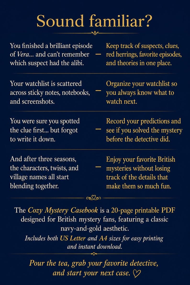 May include: A navy blue informational graphic with gold text titled Sound familiar? It lists common challenges for mystery fans, such as tracking suspects and organising watchlists, and introduces The Cozy Mystery Casebook, a 20-page printable PDF available in A4 size.