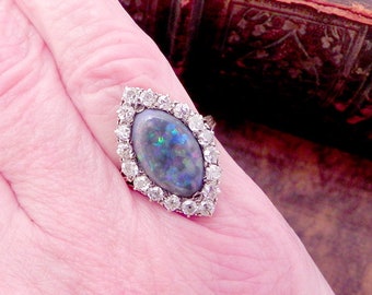 Antique Engagement Ring Opal And Diamond Engagement Ring 5ct Black Opal Ring Art Deco Marquise 1.25ct Old Cut Diamonds 18K Gold