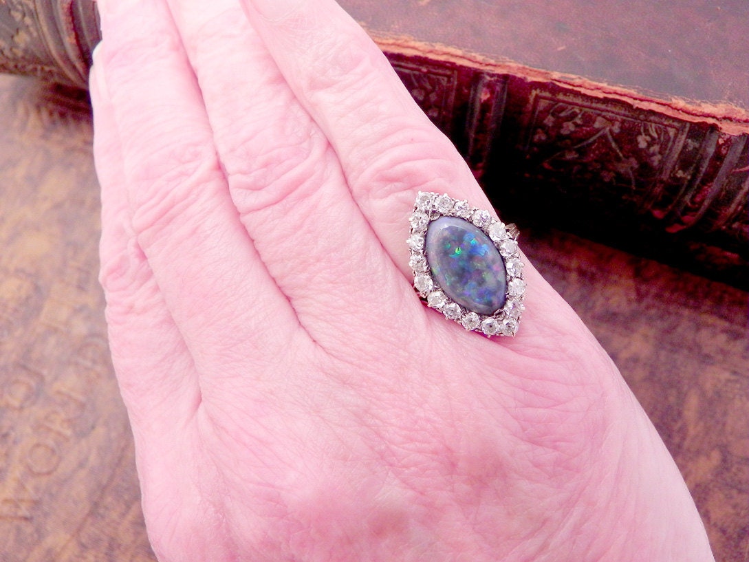Antique Engagement Ring Opal and Diamond Engagement Ring 5ct Black