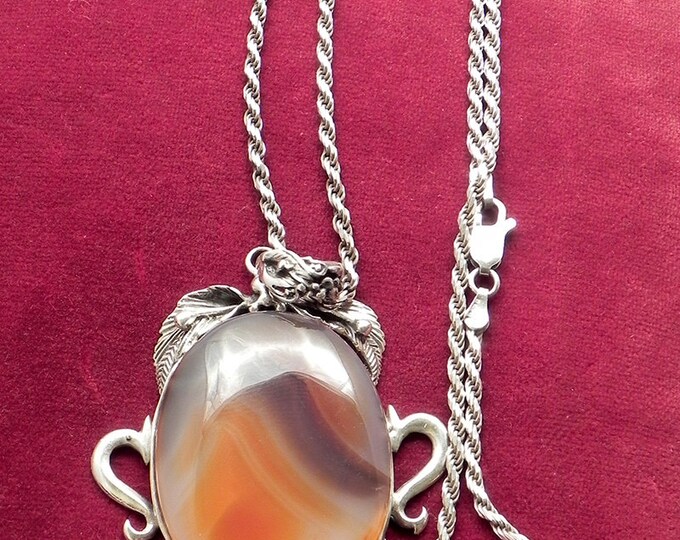 Silver Pendant and Chain Vintage Silver and Agate Pendant Etsy