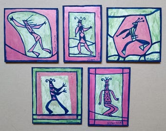 Constelación de amigos. Conjunto de cinco pequeñas pinturas sobre tablitas.