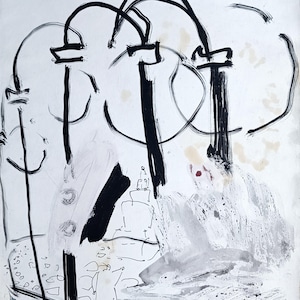 May include: An abstract ink and wash drawing on paper featuring bold black calligraphic lines forming three vertical structures with arched tops. The composition includes scattered grey paint splatters, faint beige stains, and a small red dot.