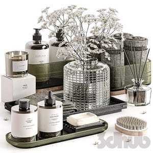 Premium Bathroom Decor 3D Model Organic Zara Home Style Cosmetics Reed Diffuser and Glass Vase Flowers Set Spa Countertop Prop 3ds Max FBX