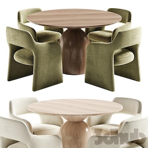 Mesa de comedor Sigrid, sillas Fintan, modelo 3D, mesa redonda moderna de madera maciza con pedestal y sillones de bouclé, juego de comedor 3ds Max FBX OBJ