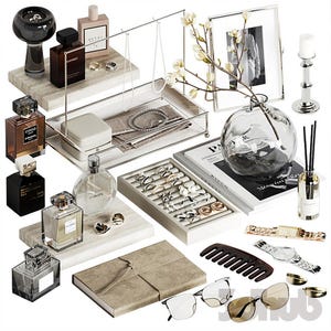 May include: A collection of vanity accessories including various perfume bottles, a jewelry organizer tray with rings, a glass vase with white flowers, a picture frame, a notebook, a comb, two wristwatches, and two pairs of eyeglasses.