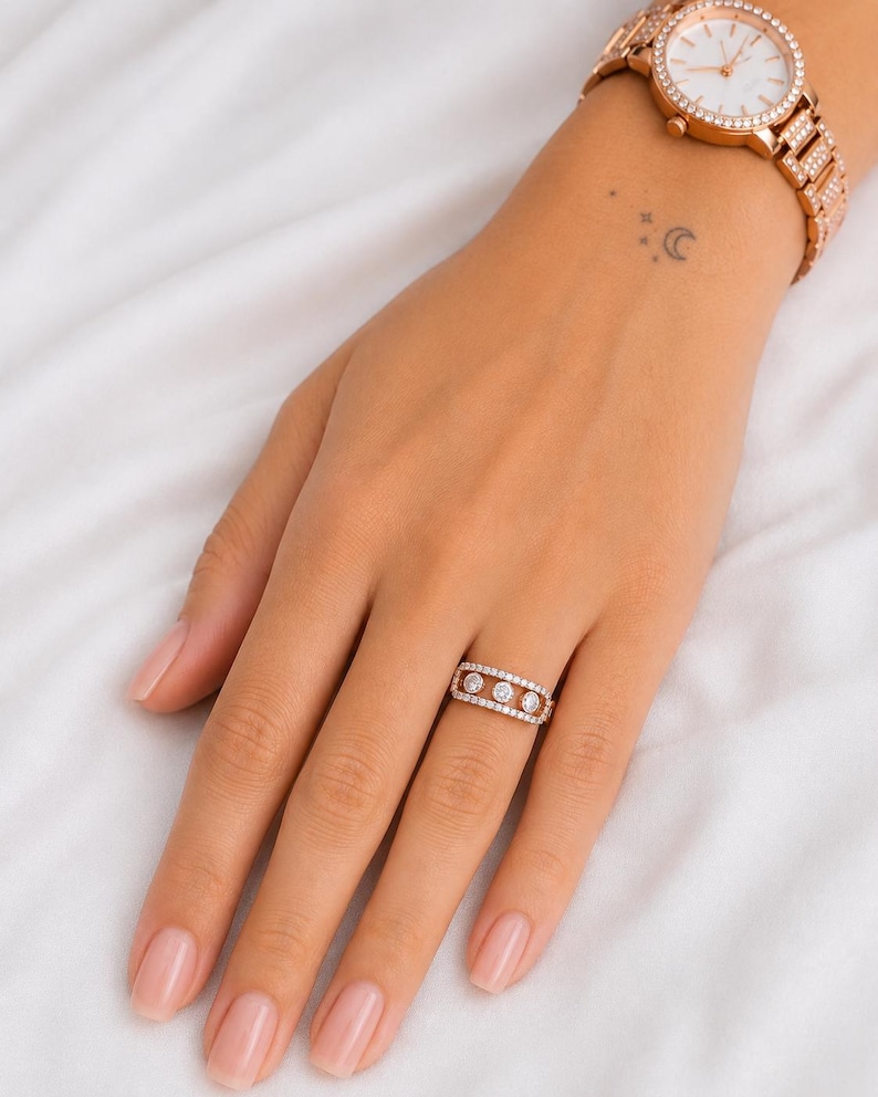 Rose Gold Open Frame Diamond Ring | Geometric Pavé, Floating Bezel Set Band image 1