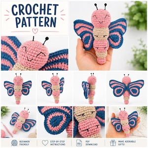 May include: A crochet pattern for a butterfly toy, featuring text that reads CROCHET PATTERN. The butterfly is crafted with pink and beige yarn, showcasing blue and pink striped wings, a smiling face, and two black antennae on its head.