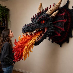 Könnte beinhalten: Eine große, an der Wand montierte Häkelskulptur eines Drachenkopfes in Schwarz und Dunkelrot, mit strukturierten Schuppen, beigen Hörnern und einer leuchtend orange-gelben Häkelflamme, die aus dem offenen Maul mit weißen Zähnen hervortritt.