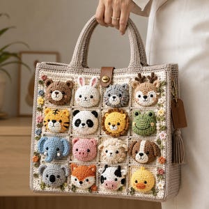 May include: A beige crochet tote bag featuring a grid of sixteen three-dimensional animal faces, including a bear, rabbit, cat, deer, tiger, panda, lion, frog, elephant, pig, sheep, dog, koala, fox, cow, and chick, with small floral accents.