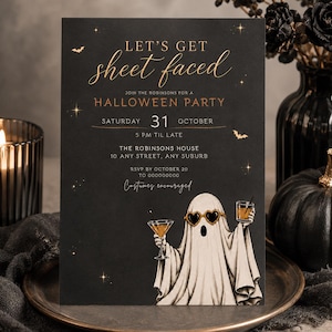 Szablon zaproszenia na imprezę halloweenową Let’s Get Sheet Faced, zabawne zaproszenie na Halloween dla dorosłych, edytowalne zaproszenie Canva, upiorne przyjęcie koktajlowe