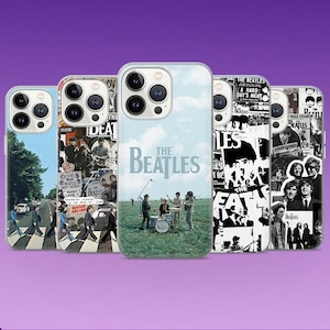 Könnte beinhalten: Fünf Handyhüllen mit Beatles-Motiven. Eine zeigt den Zebrastreifen von Abbey Road, eine weitere eine Fotocollage der Band, eine dritte zeigt die Band auf einem Feld mit dem Schriftzug The Beatles und zwei weitere zeigen schwarz-weiße Fotomontagen.