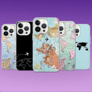May include: Five smartphone cases arranged in a row. The first features a vintage world map, the second is black with a white airplane and globe outline, the third shows a detailed world map, the fourth displays a pastel map, and the fifth is light blue with a black world map silhouette.