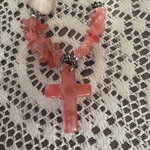 Vintage Crystal Cross & Polished Crystal Stone Necklace Pink White With Silver