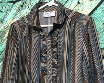 Vintage Kevin Stuart Collectibles Blouse Brown Gray Ruffle Stripe Size Medium