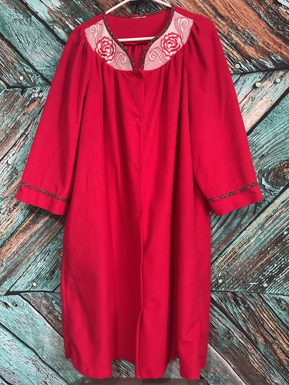 Vintage Fleece Robe Red Embroidered Snap Front Si… - image 1