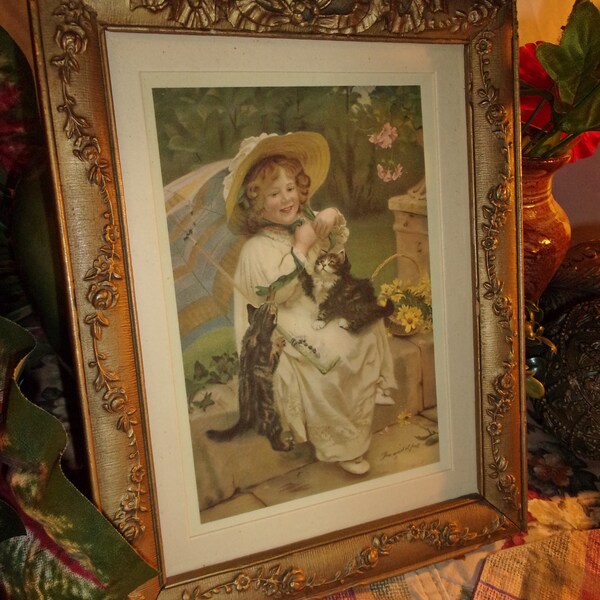 Victiorian Lithograph Small Girl with Hat & Umbrella and 2 Kittens " You must nt fall" Written at Bottom Matted in Antique Frame