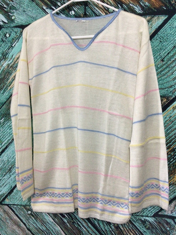 Vintage 70’s Sweater Fine Knit Scoop Neck Multi C… - image 1