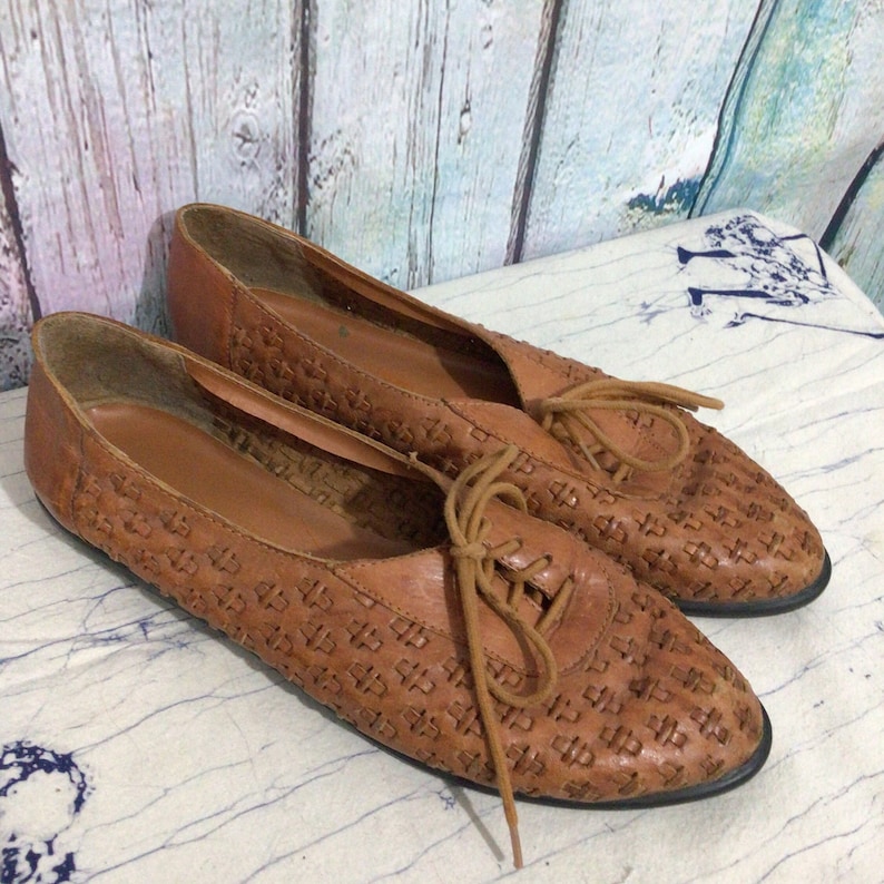 Leather Collection Woven Leather Flats Size 8.5 Tan Brown image 2