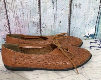 Leather Collection Woven Leather Flats Size 8.5 Tan Brown
