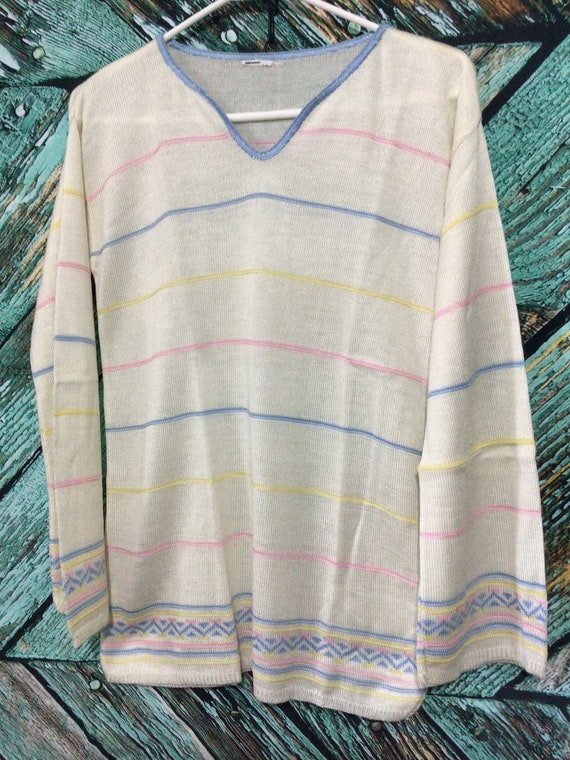 Vintage 70’s Sweater Fine Knit Scoop Neck Multi C… - image 4