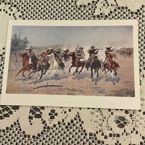 Postal vintage del oeste de Fort Worth, Texas: Una carrera por la madera, Frederick Remington