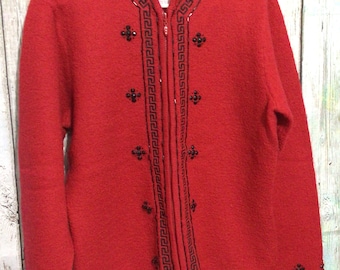 PBJ Vintage 90’s Wool Cardigan Size Medium Red with Black Beads