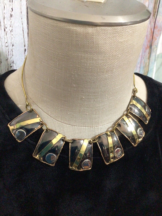 Vintage Artisan Metal Two Tone Necklace Choker St… - image 1