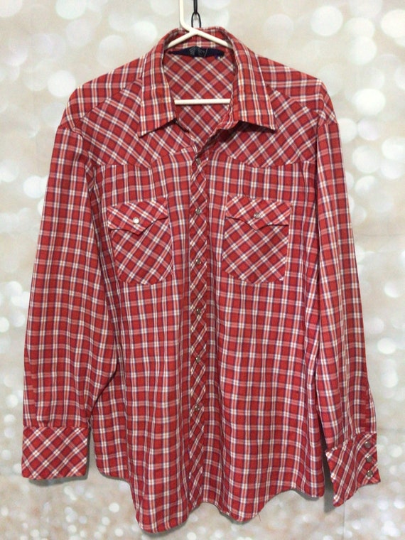 Vintage Lariat Plaid Western Shirt Pearl Snap Red 
