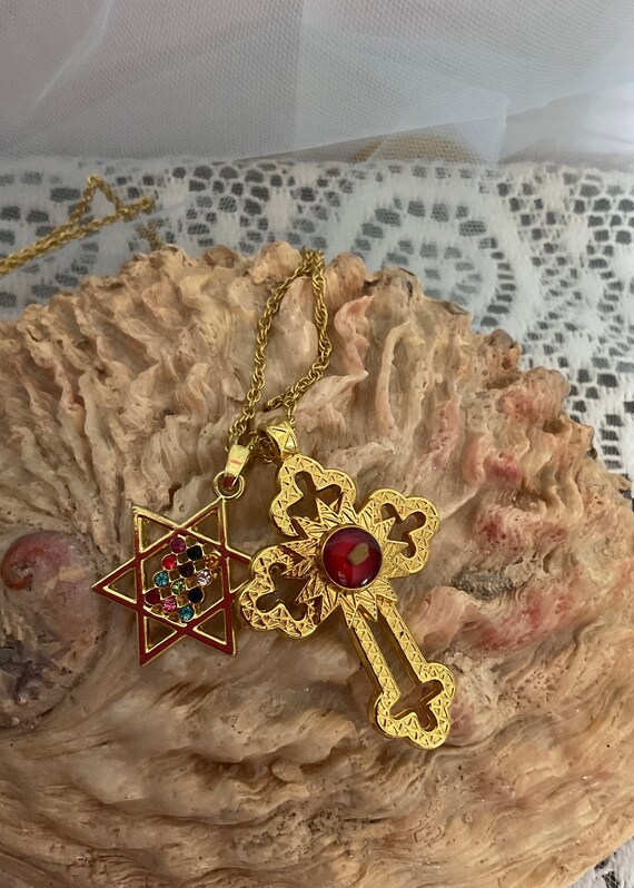Vintage Cross & Star Necklace Pendants Gold Multi