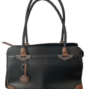 Cartable en similicuir marron et noir à plusieurs compartiments