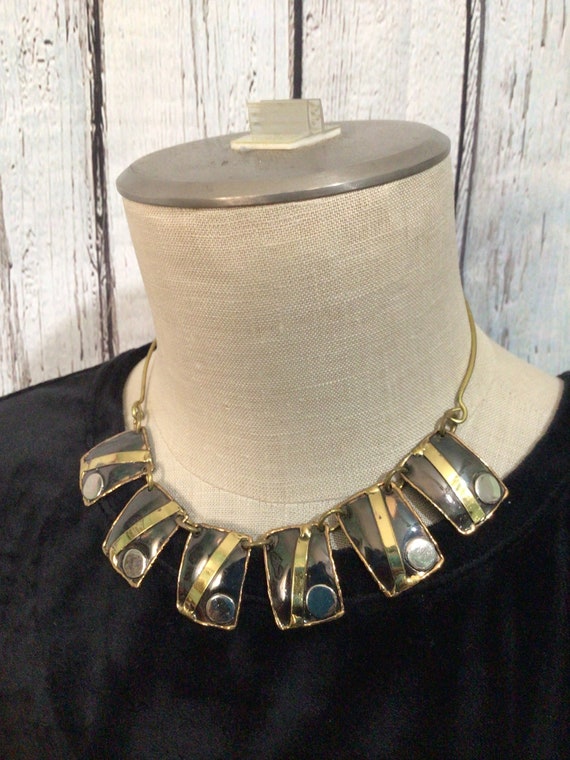 Vintage Artisan Metal Two Tone Necklace Choker St… - image 3