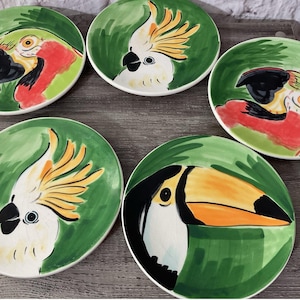 Pottery Barn Tropical Parrots Plates Toucan Cockatiel Cockatoo & Parrot Set of 5