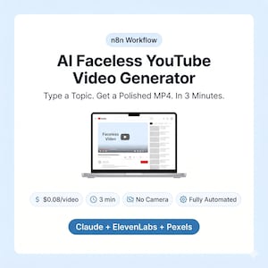 Peut inclure: Un graphique de flux de travail n8n pour un générateur de vidéos YouTube sans visage par IA. Le texte indique : Type a Topic. Get a Polished MP4. In 3 Minutes. Il montre un ordinateur portable affichant un lecteur vidéo et des icônes.