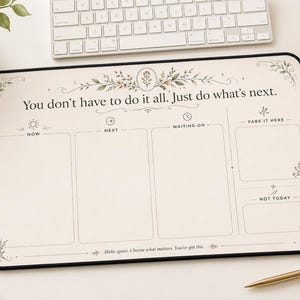 May include: A rectangular desk mat with a cream-colored surface featuring black text and botanical illustrations. The mat is divided into sections labeled Now, Next, Waiting On, Park It Here, and Not Today, with the quote You don't have to do it all. Just do what's next. printed at the top.