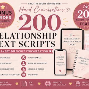 May include: A digital toolkit titled Relationship Text Scripts for every difficult conversation, featuring a tablet, smartphone, and spiral-bound notebook. The design uses a soft pink and dark maroon color palette with icons for apologies, boundaries, and reconnection.