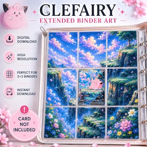 Könnte beinhalten: Ein Ordner mit einem Clefairy-Design, mit erweiterter Kunst. Der Ordner zeigt eine Karte mit einem rosa Clefairy-Charakter. Die Hintergrundkunst zeigt eine Landschaft mit blauem Himmel, Wolken und Blumen. Text beinhaltet "Digitaler Download" und "Hohe Auflösung".
