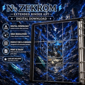 Puede incluir: Una descarga digital de arte de carpeta extendido de N's Zekrom con un tema de rayos azul eléctrico oscuro y terreno rocoso. El gráfico se muestra dentro de una página de carpeta de tarjetas 3x3, con una ilustración central.