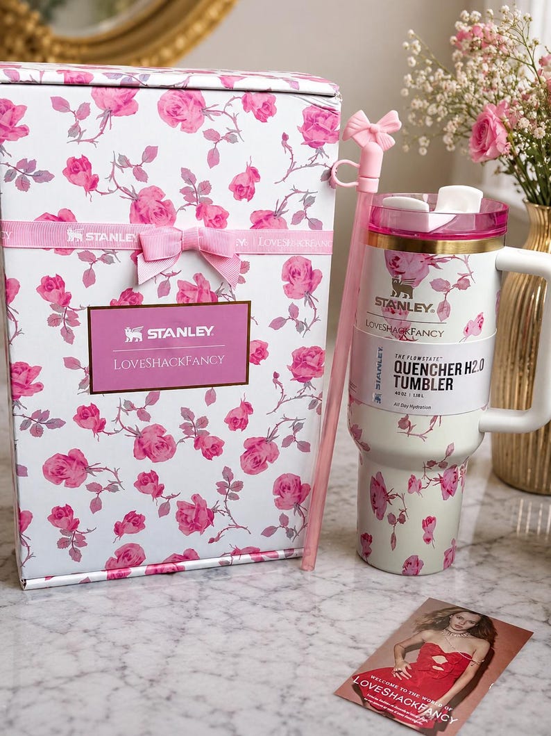 Stanley LoveShackFancy Quencher H2.0 Tumbler 40oz Pink Floral Cup with Straw & Gift Box S image 1