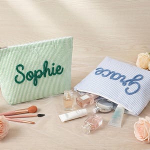 Classic Striped Seersucker Makeup Bag, Chenille Initial Pouch, Preppy Summer Accessory