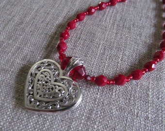 Red Silver Heart Locket Necklace
